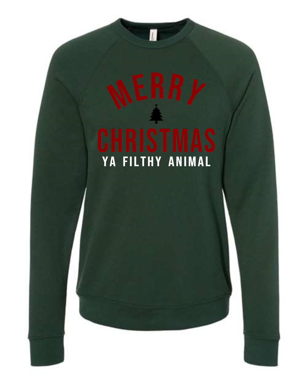 merry Christmas ya filthy animal BELLA + CANVAS - Sponge Fleece Raglan Crewneck Sweatshirt - 3901 (Forest)